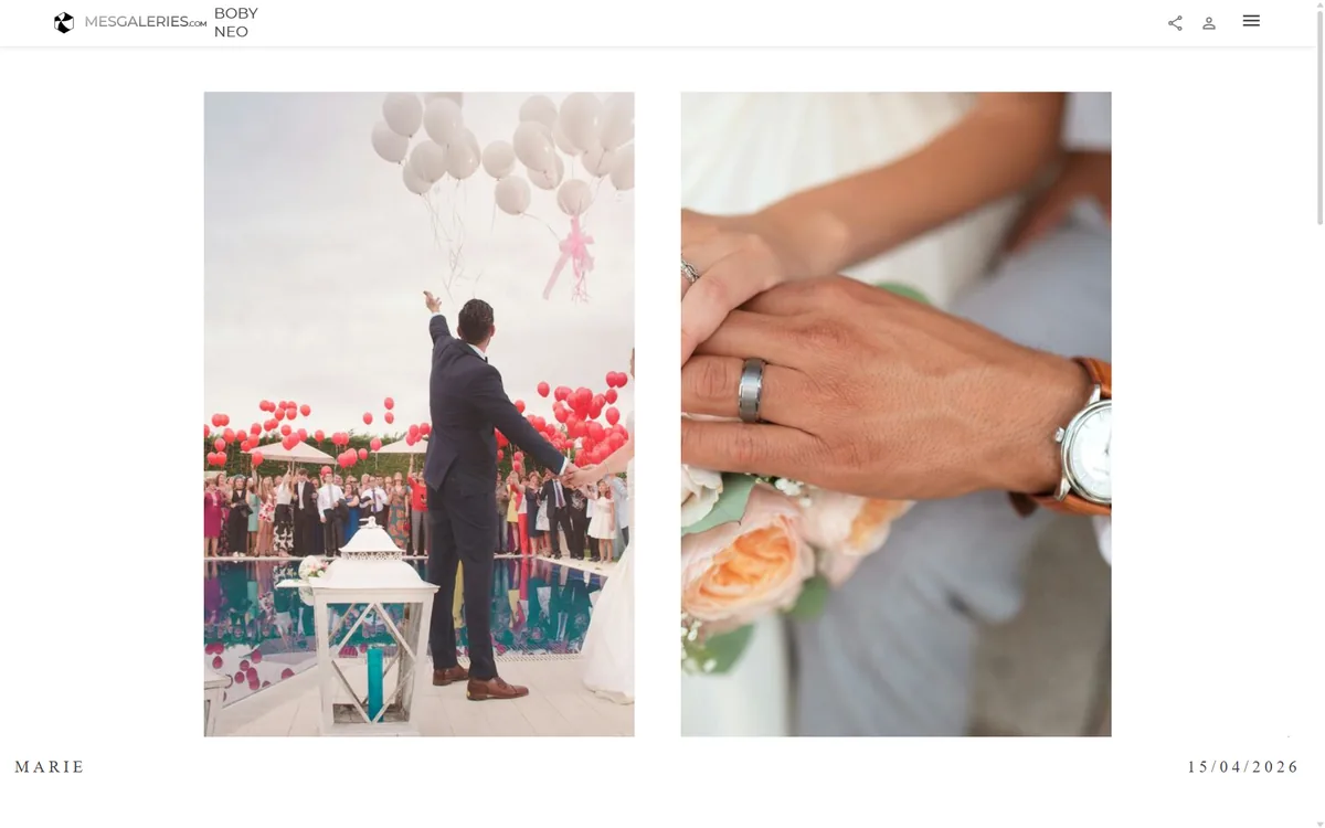 Cover of a wedding gallery as seen by the client: two photos side by side, photographer's name, gallery name and date