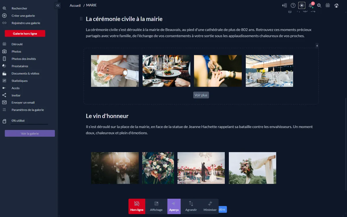 mesgaleries.com gallery editor: chapters of the day with their photos, gallery menu and View gallery button