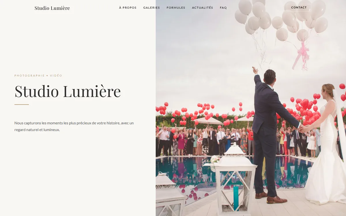 Home page of a photographer website built with mesgaleries.com: studio name, tagline and wedding photo