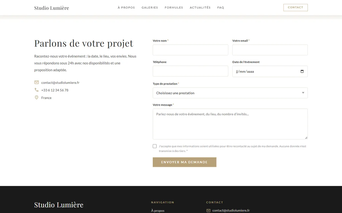 Contact form of a photographer website: name, email, phone, event date, type of service and message