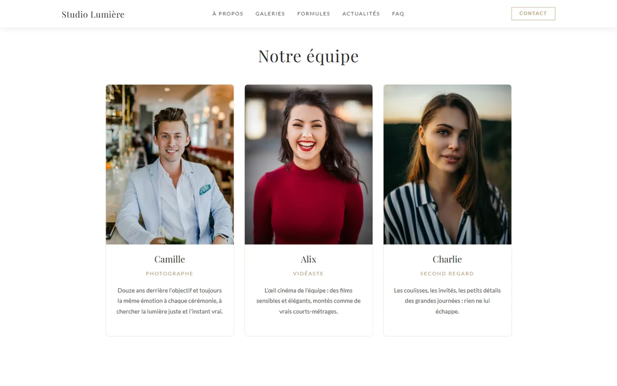 Team section of a photographer website: three portraits with first name, role and short bio