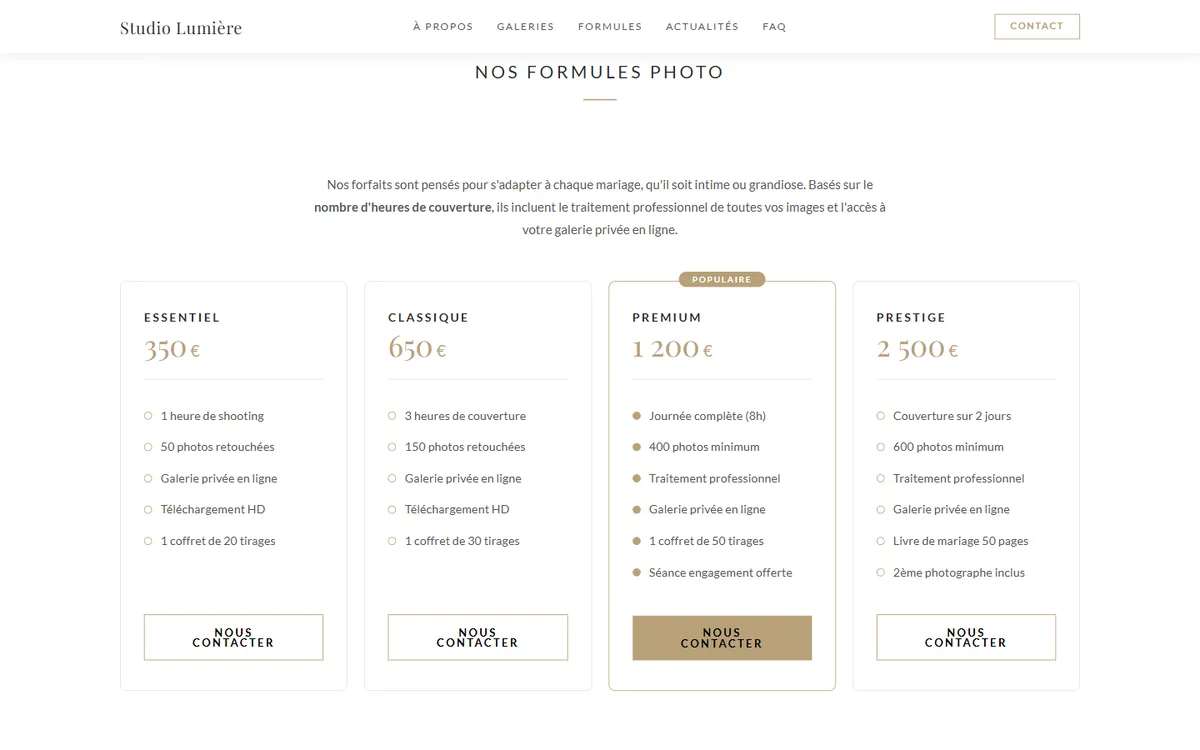 Packages section of a photographer website: four offers with prices and included services