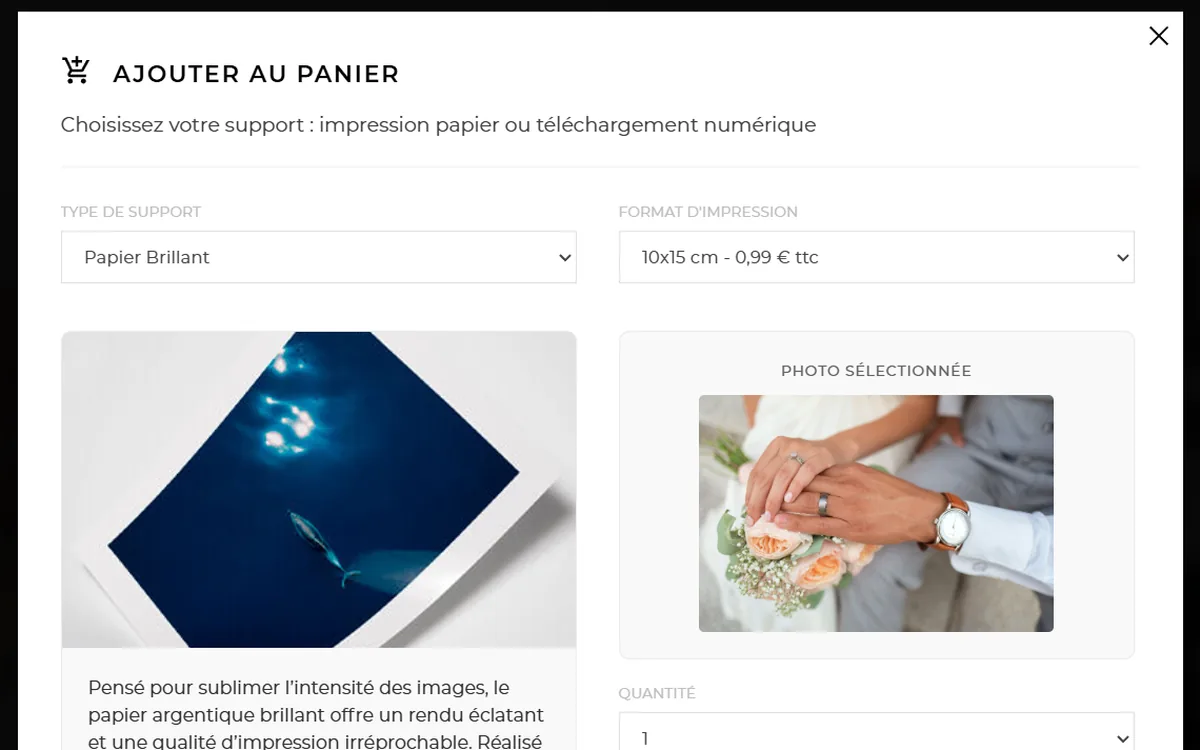 Fenster In den Warenkorb einer Galerie: Auswahl von Papier, Druckformat und Menge für das ausgewählte Foto